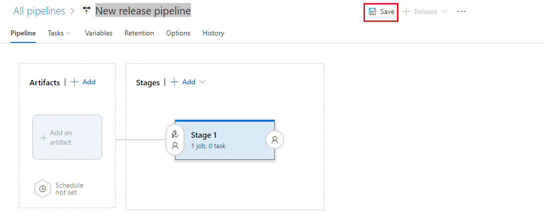 Screenshot of Azure DevOps on the New release pipeline  properties pane with the Save button highlighted